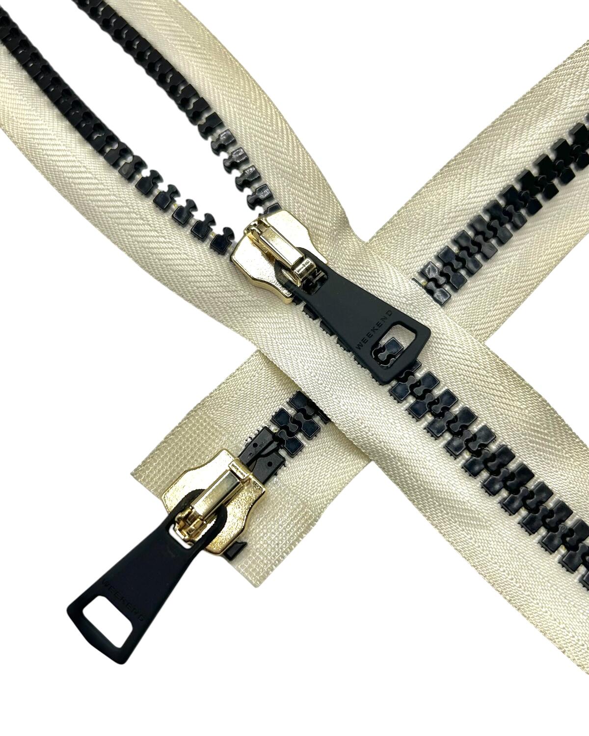 Молния тракторная Max Mara weekend, длина 100 см, разъёмная, двухзамковая, Т10, звено: чёрный, тесьма: молочный — фурнитура для шитья в СПб | Ткани Италии